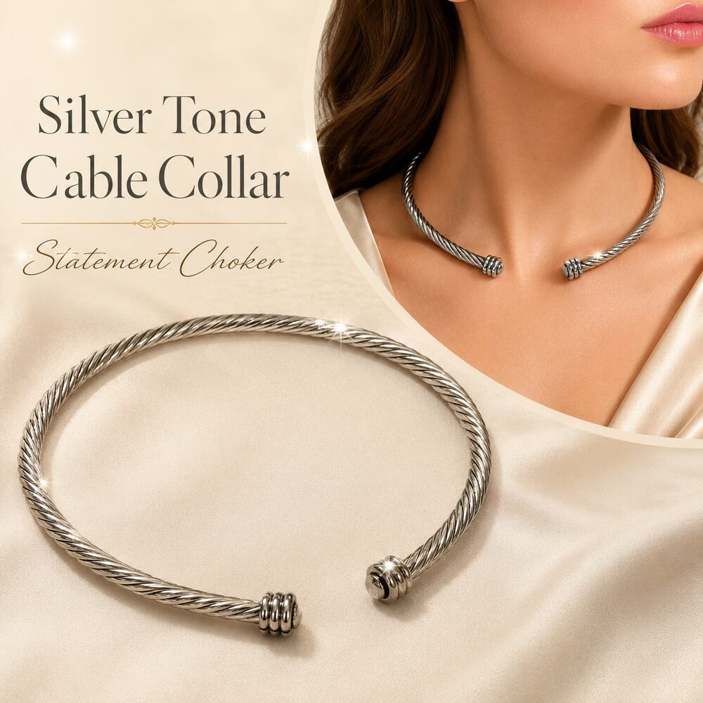 Silver Tone Twisted Cable Torque Collar Choker Necklace Open Cuff